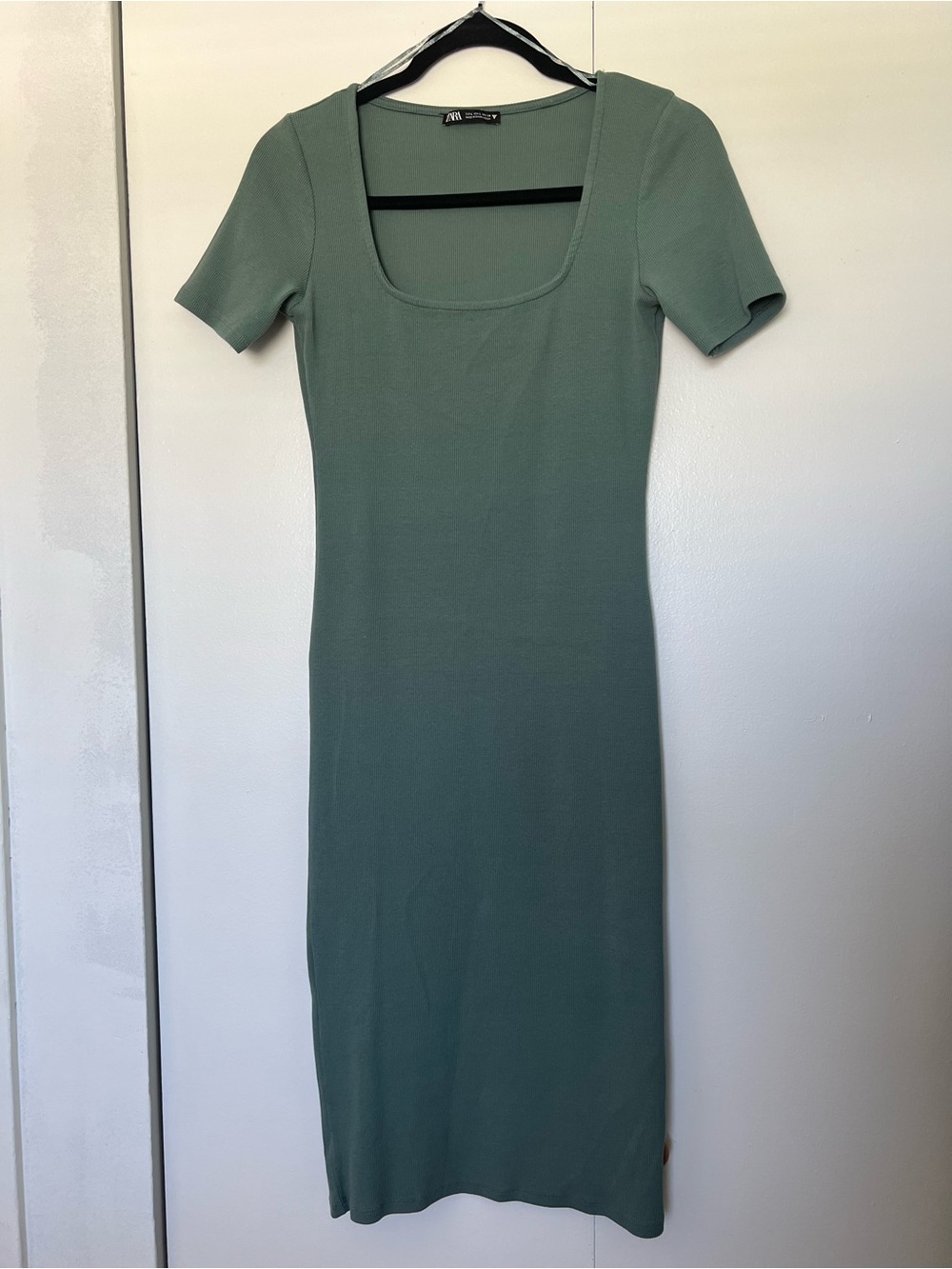 Zara Olive Green Square Neck Midi Dress